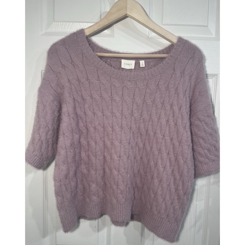 Cyrus Fuzzy Eyelash Sweater Women S Lavender Cable Knit Short Sleeve Soft NWOT